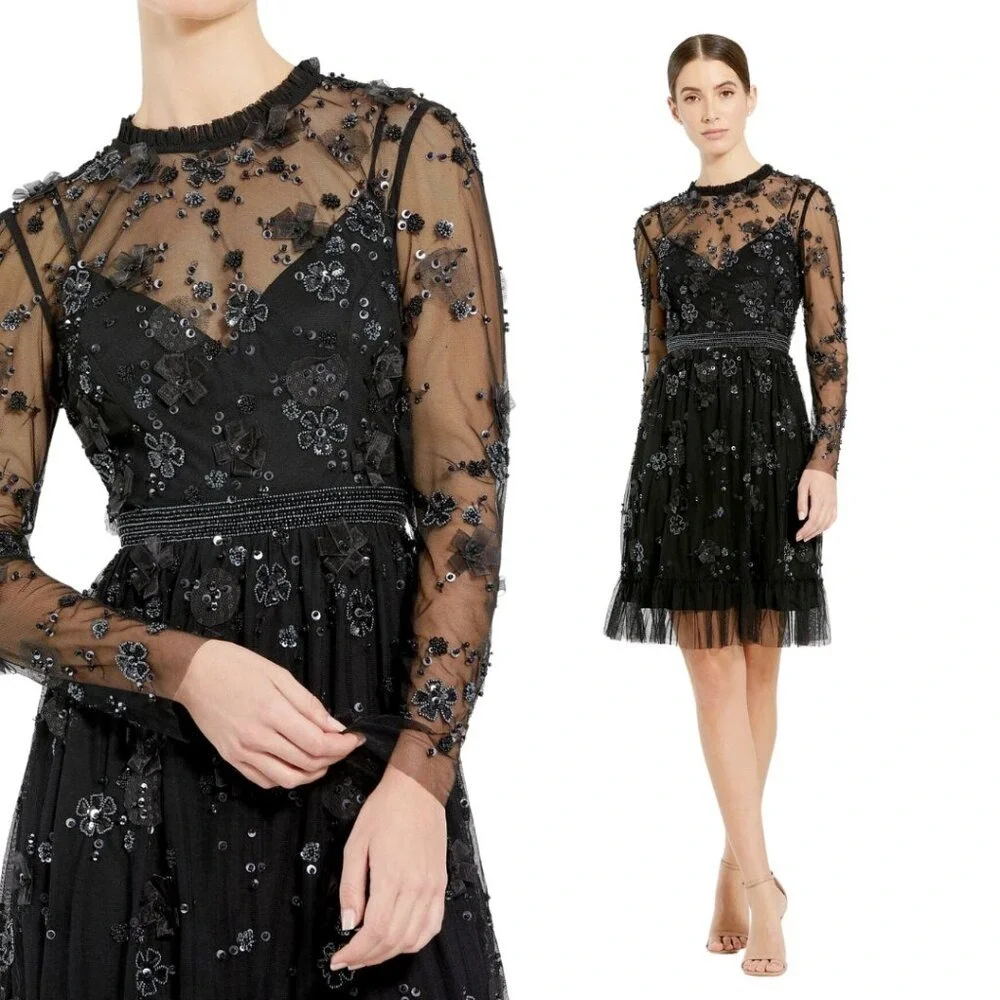 Mac Duggal Size 10 Black Floral Long Sleeve‎ Embellished Ruffle Formal Dress